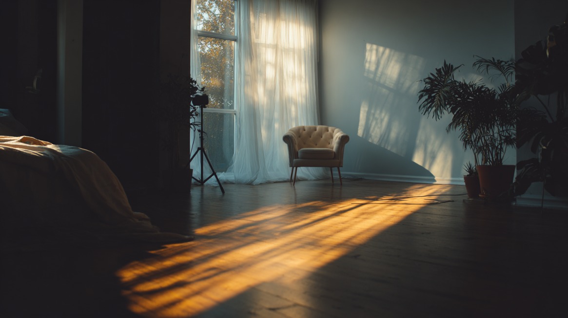 Sunlight streaming through a window into a minimalist room with a chair and plants