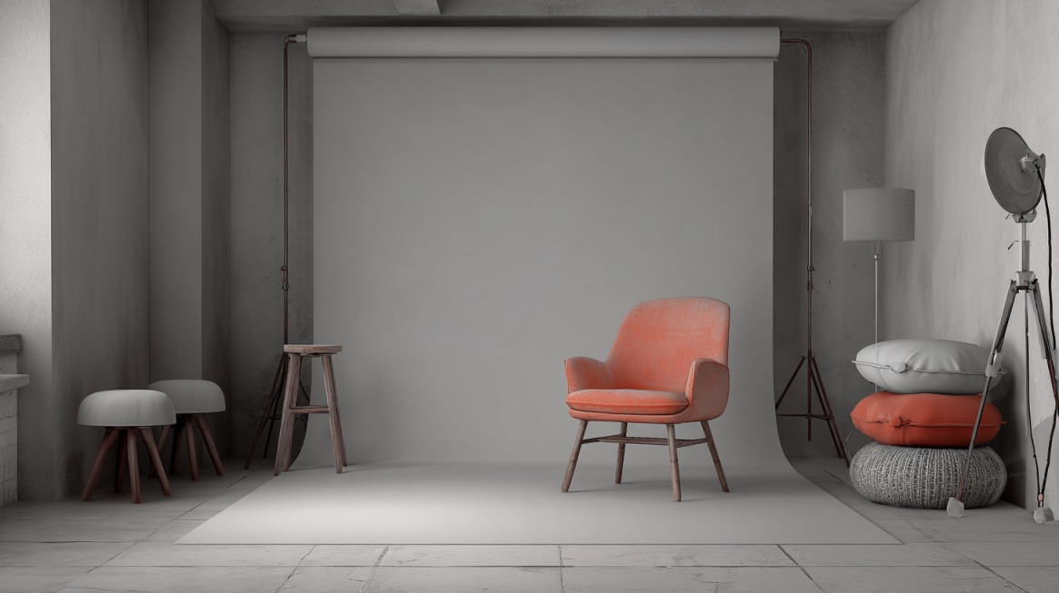Minimal photo studio with a gray seamless backdrop, chair, stools, and studio light