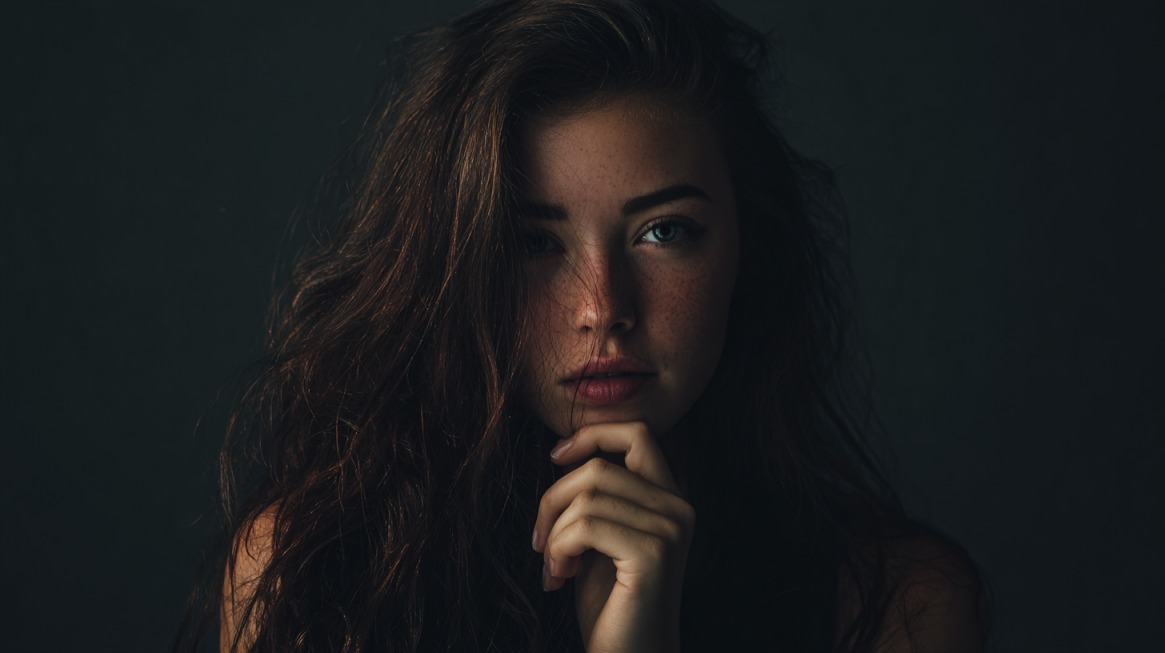 Moody close up portrait of a woman with soft shadows and natural light
