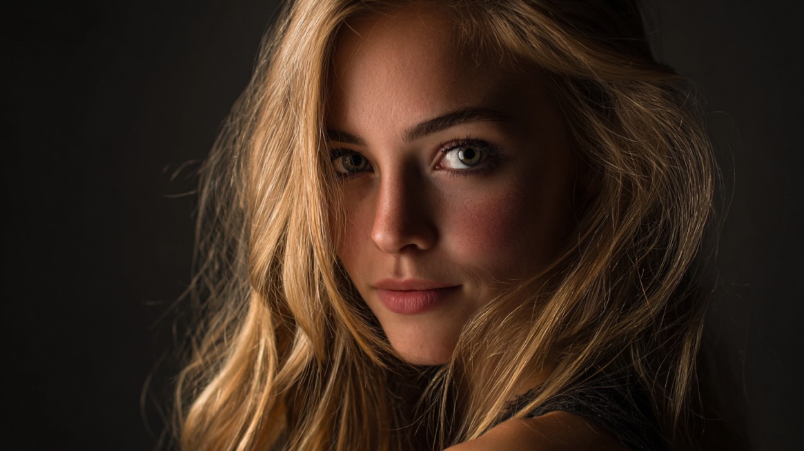 Close up studio portrait of a woman with soft lighting and dark background